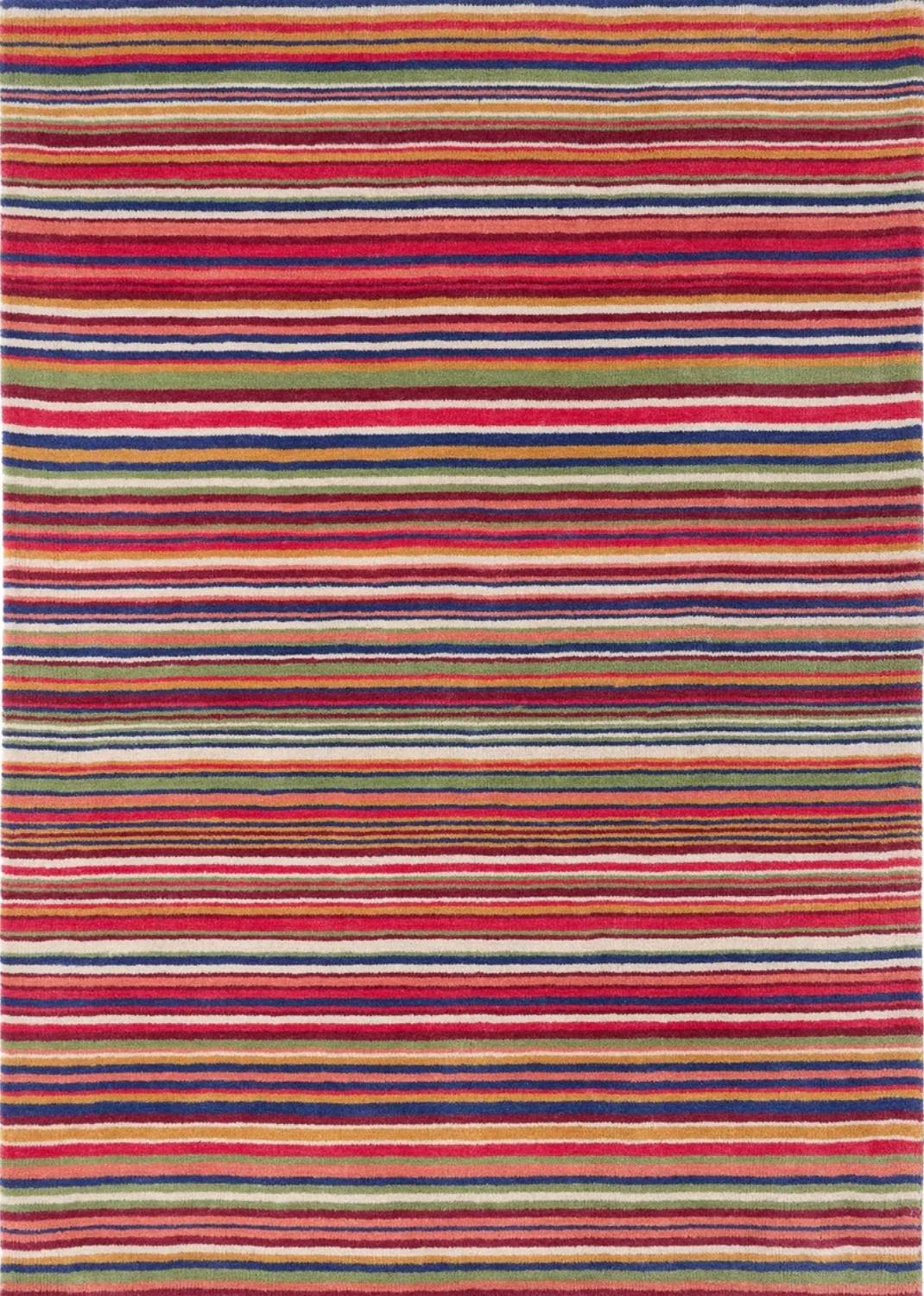 Multicolored striped rug with horizontal lines on a plain background