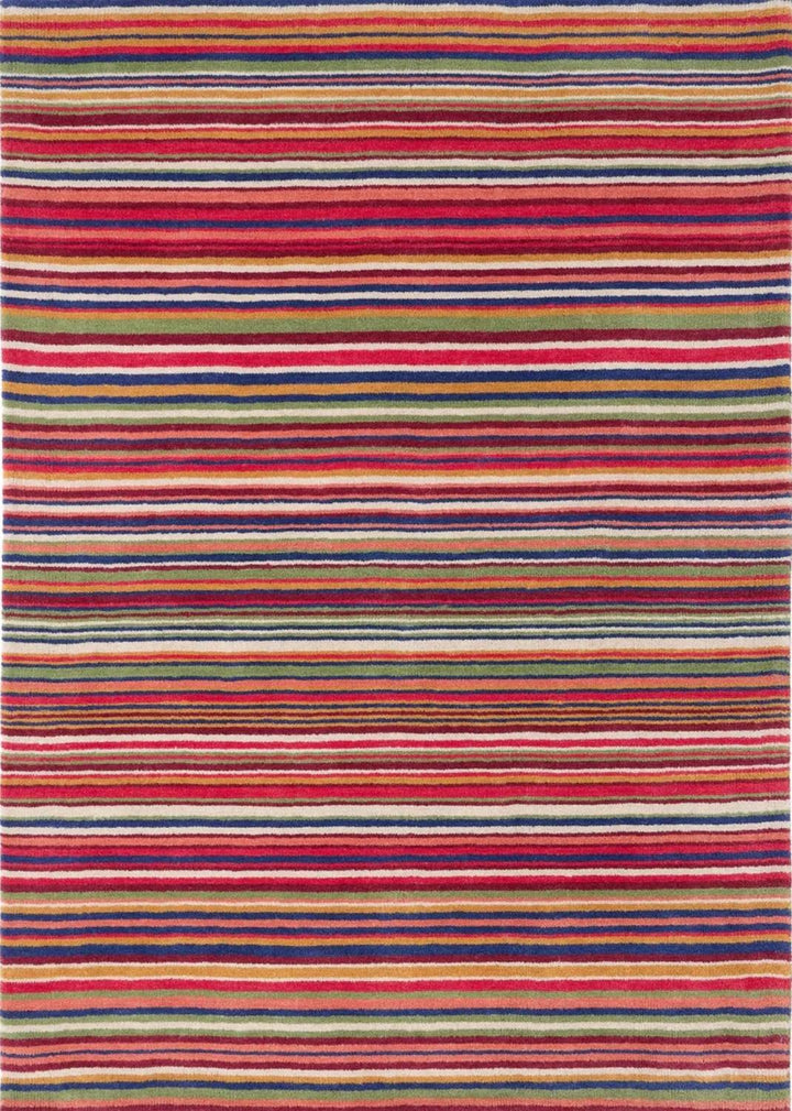 Multicolored striped rug with horizontal lines on a plain background