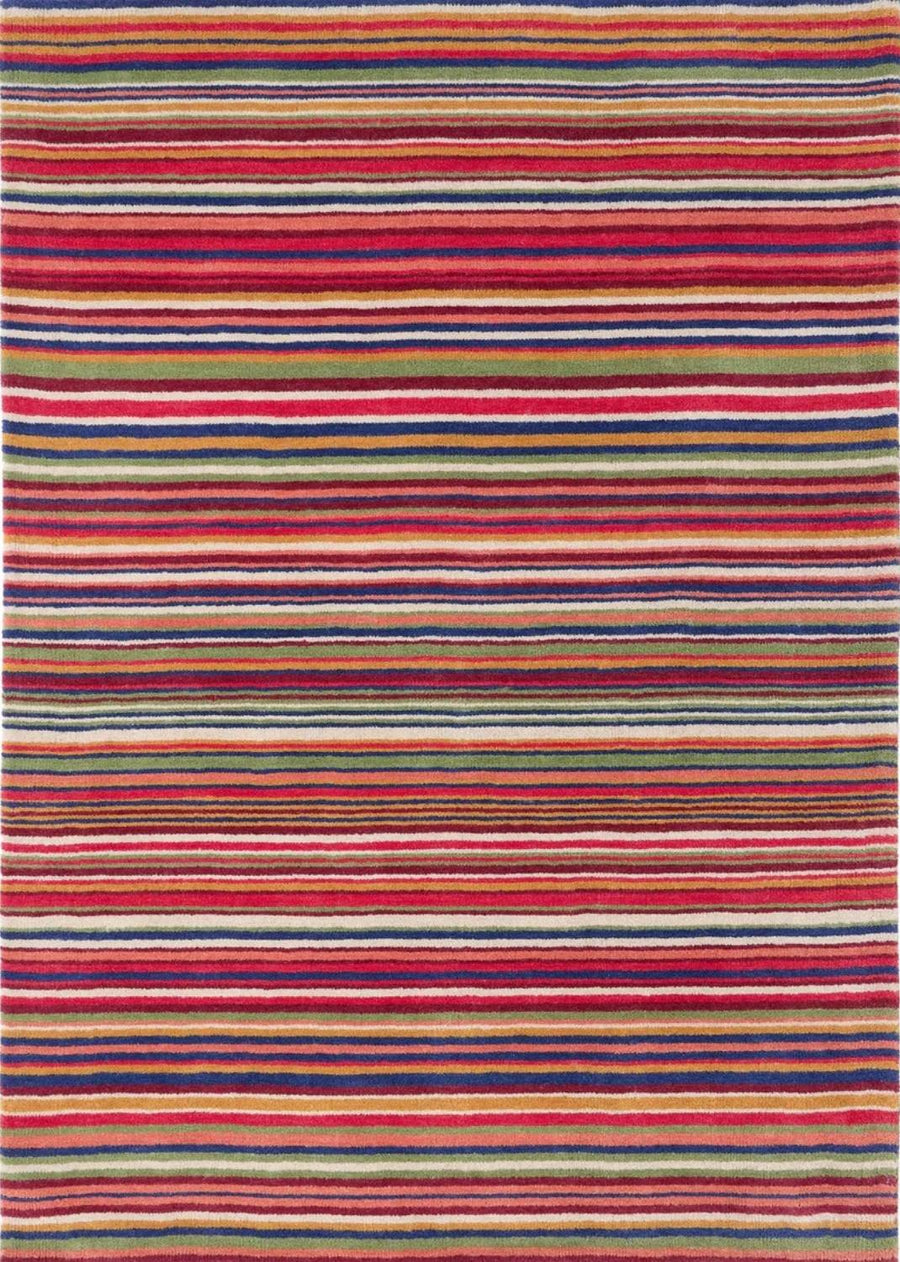 Multicolored striped rug with horizontal lines on a plain background