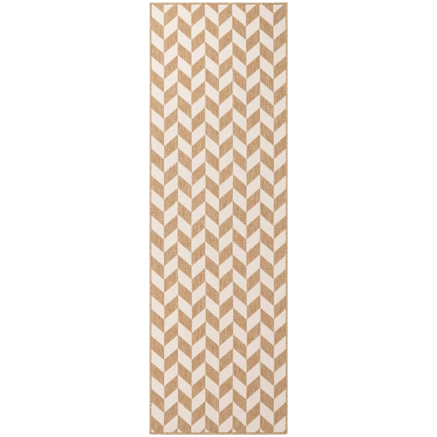 Beige and white chevron patterned rug on a white background