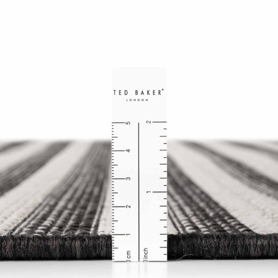 Black and white striped rug with a ruler for scale and 'Ted Baker London' branding.