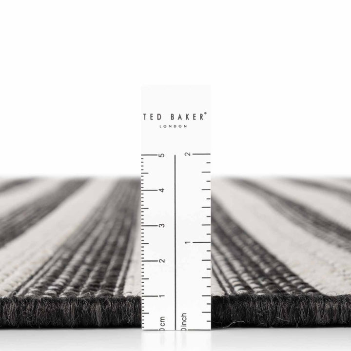Black and white striped rug with a ruler for scale and 'Ted Baker London' branding.