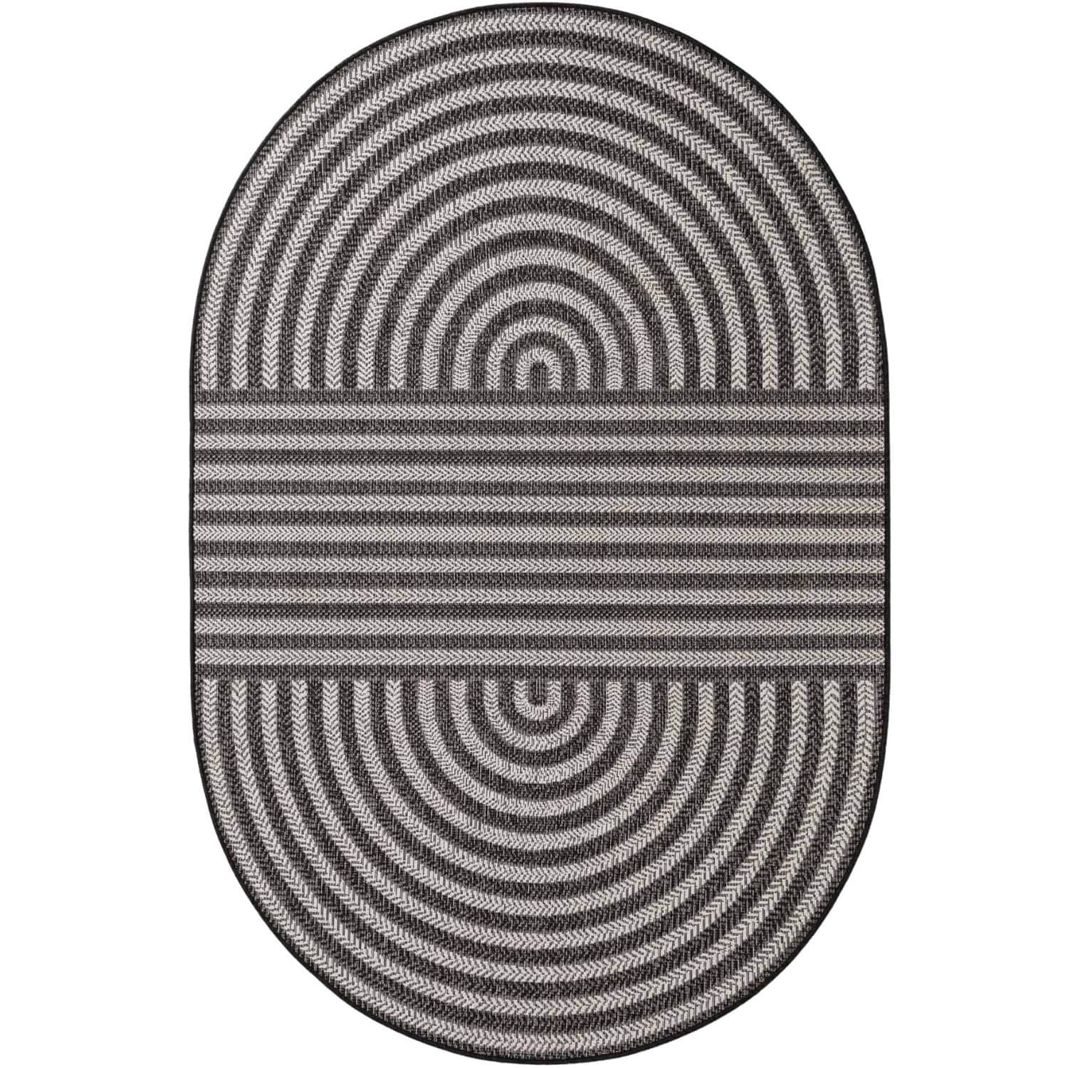 Oval-shaped rug with concentric circle pattern on a white background