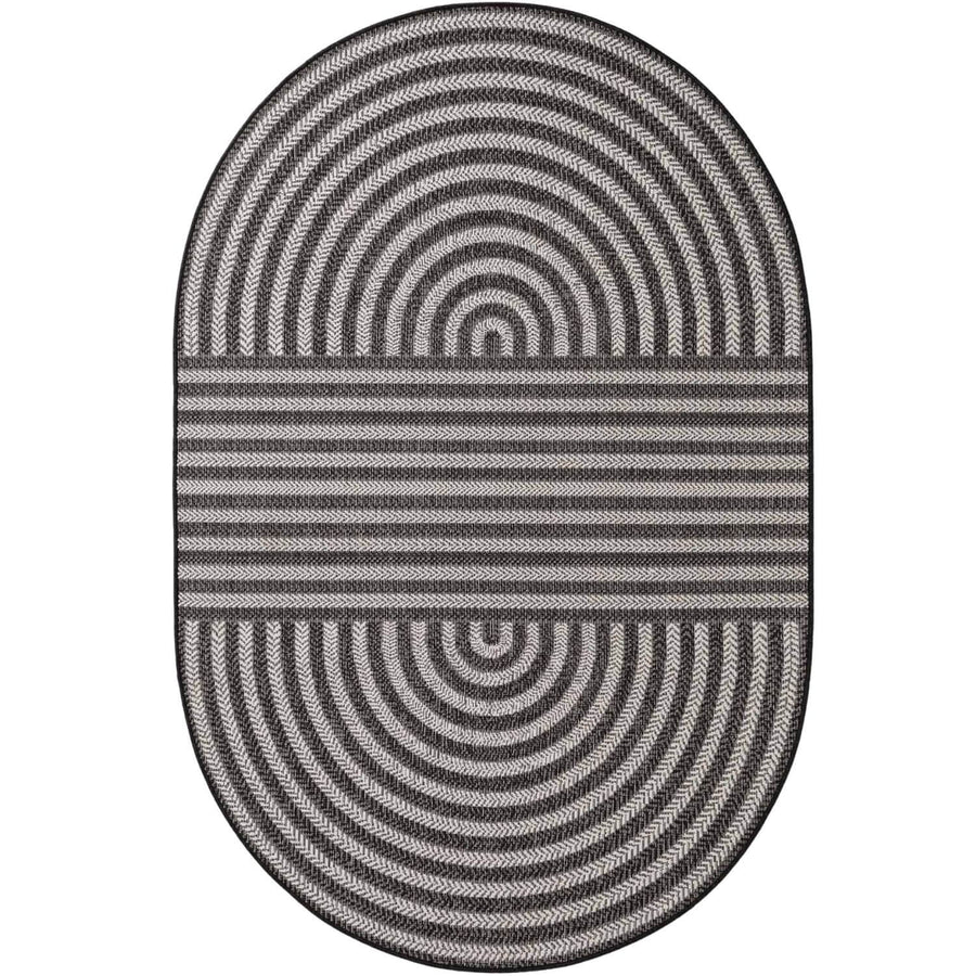 Oval-shaped rug with concentric circle pattern on a white background