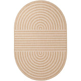 Beige oval rug with concentric circle pattern on a white background