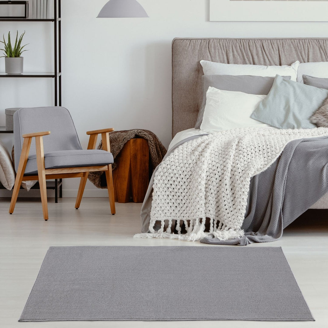 Silver Low Pile Area Rug Plain Design easy to clean