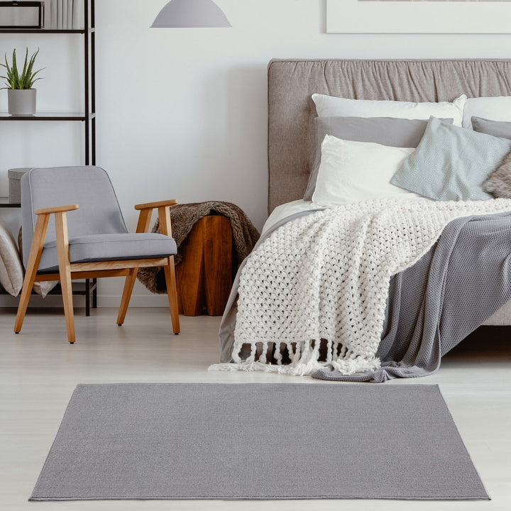 Silver Low Pile Area Rug Plain Design easy to clean