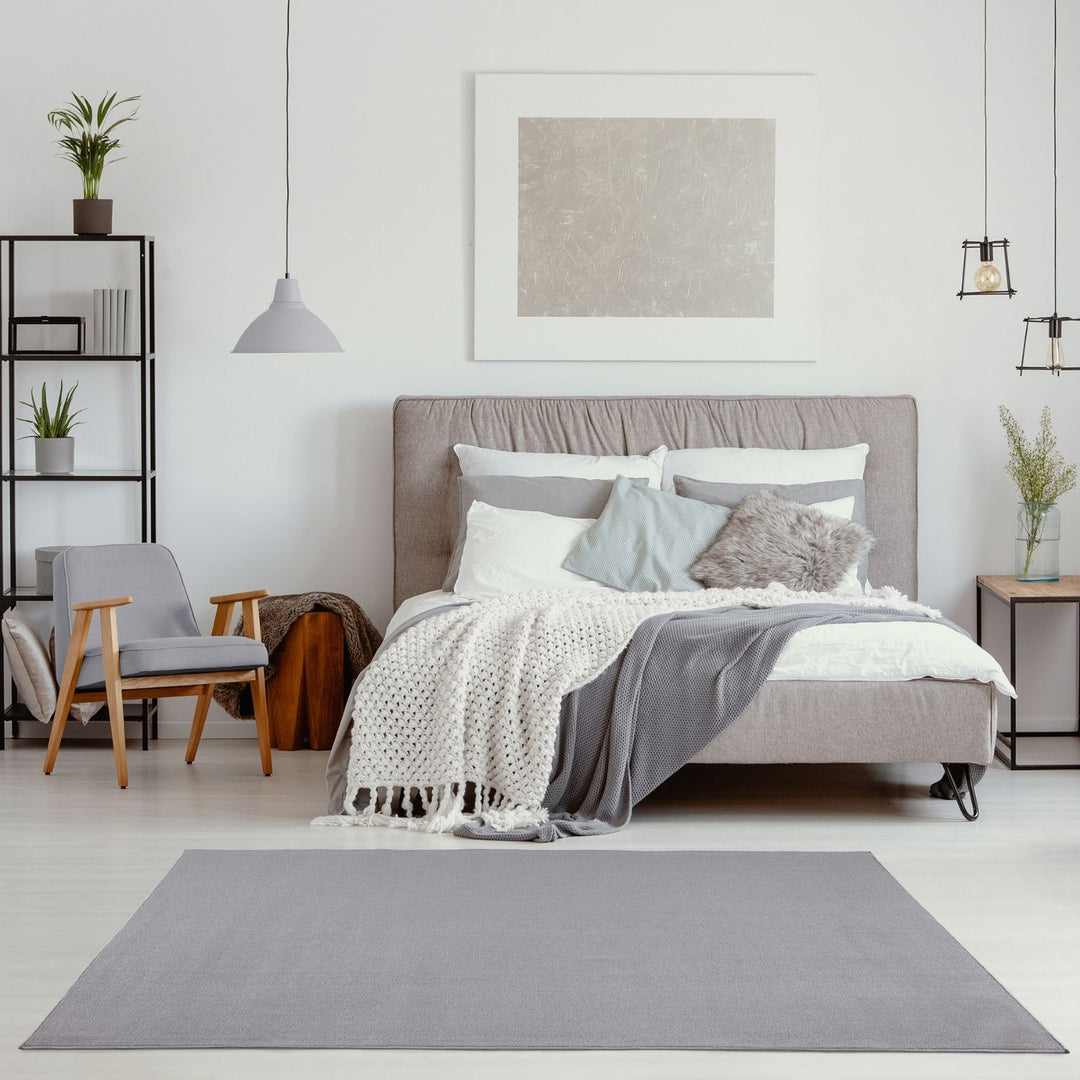 Silver Low Pile Area Rug Plain Design easy to clean
