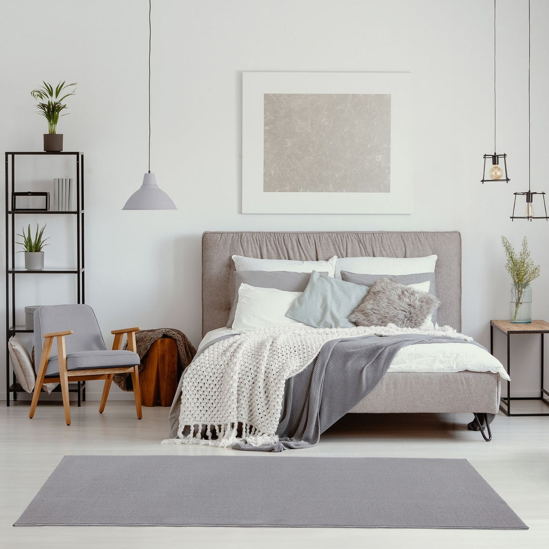 Silver Low Pile Area Rug Plain Design easy to clean