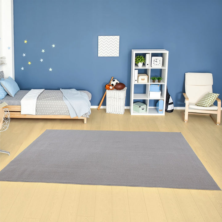 Silver Low Pile Area Rug Plain Design easy to clean