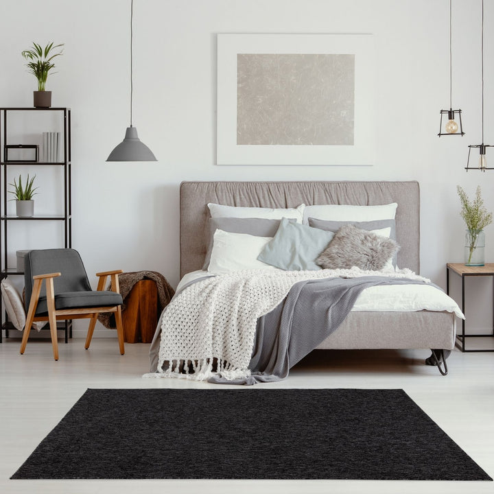 Dark Grey Low Pile Area Rug Plain Design