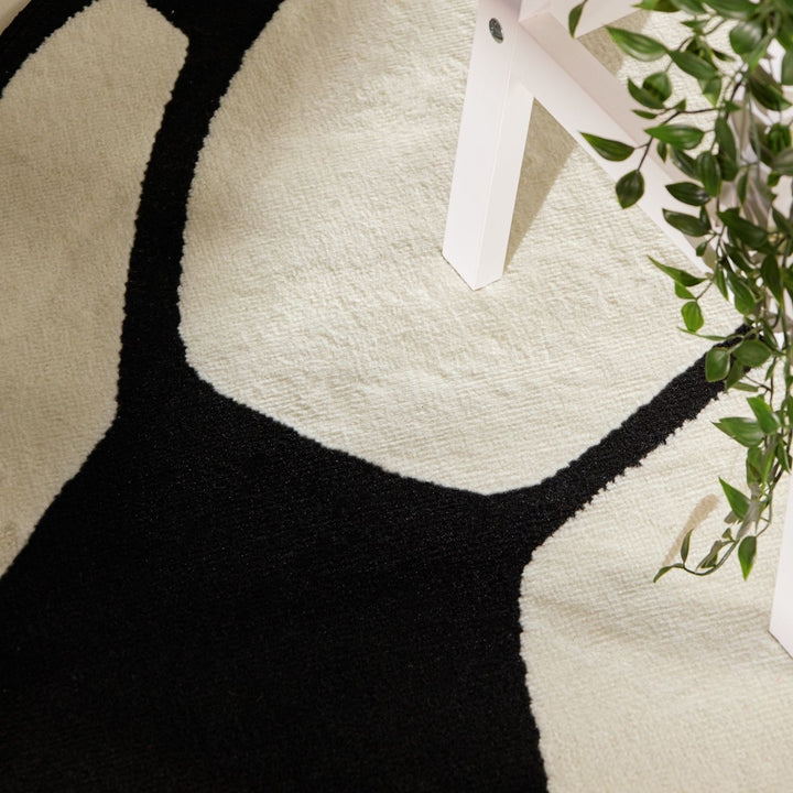 Close-up of a black and white textured rug with a plant in the corner.