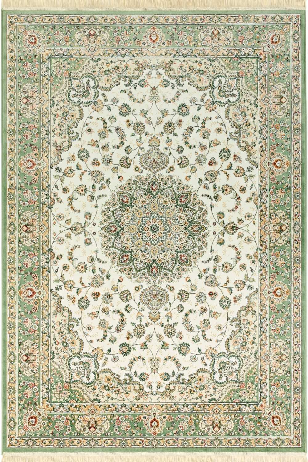 Oriental Velvet With Fringes Antik Nain Green Rug, soft pile, easy care.