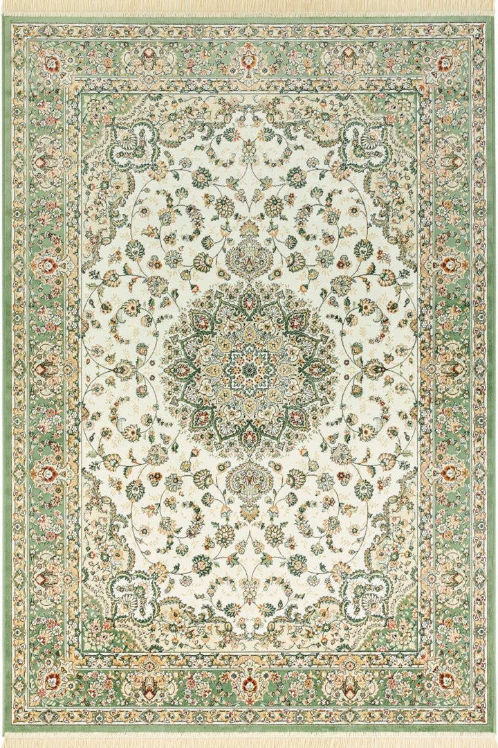Oriental Velvet With Fringes Antik Nain Green Rug, soft pile, easy care.