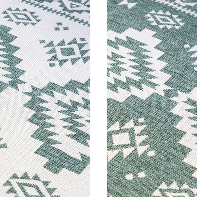 Close-up of a teal and white geometric patterned fabric.