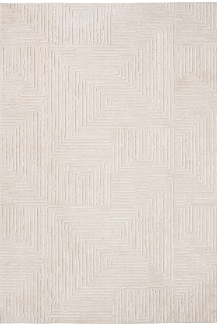 Abstract geometric rug in cream shades featuring modern design and textured lines for contemporary interiors.