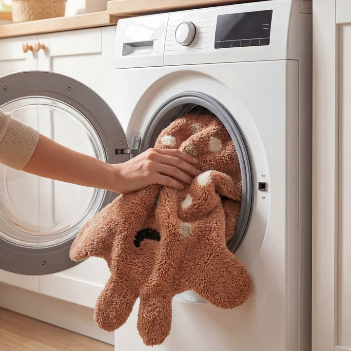 Person taking a brown teddy bear out of a washing machine.