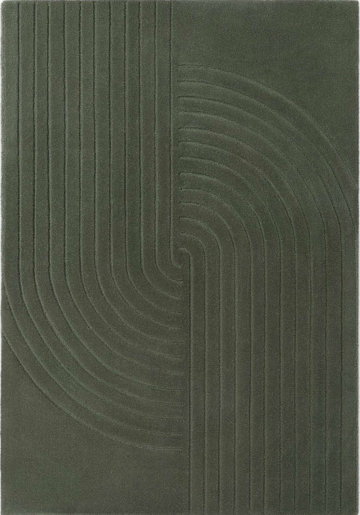 Dark green rug with wavy pattern on a plain background