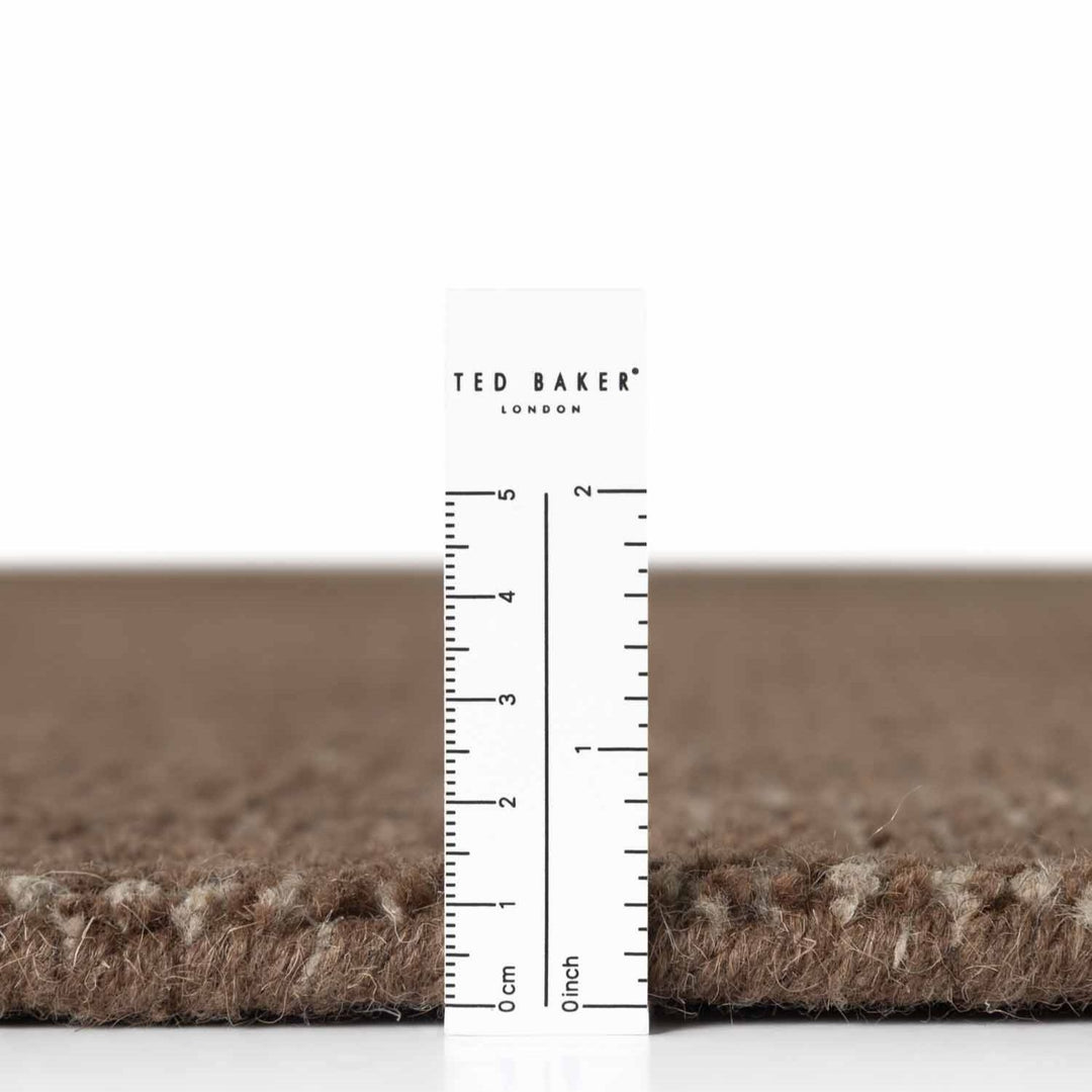 Brown carpet sample with a ruler for scale and 'Ted Baker London' branding.