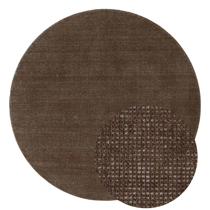 Brown textured round rug with a smaller square sample on a white background