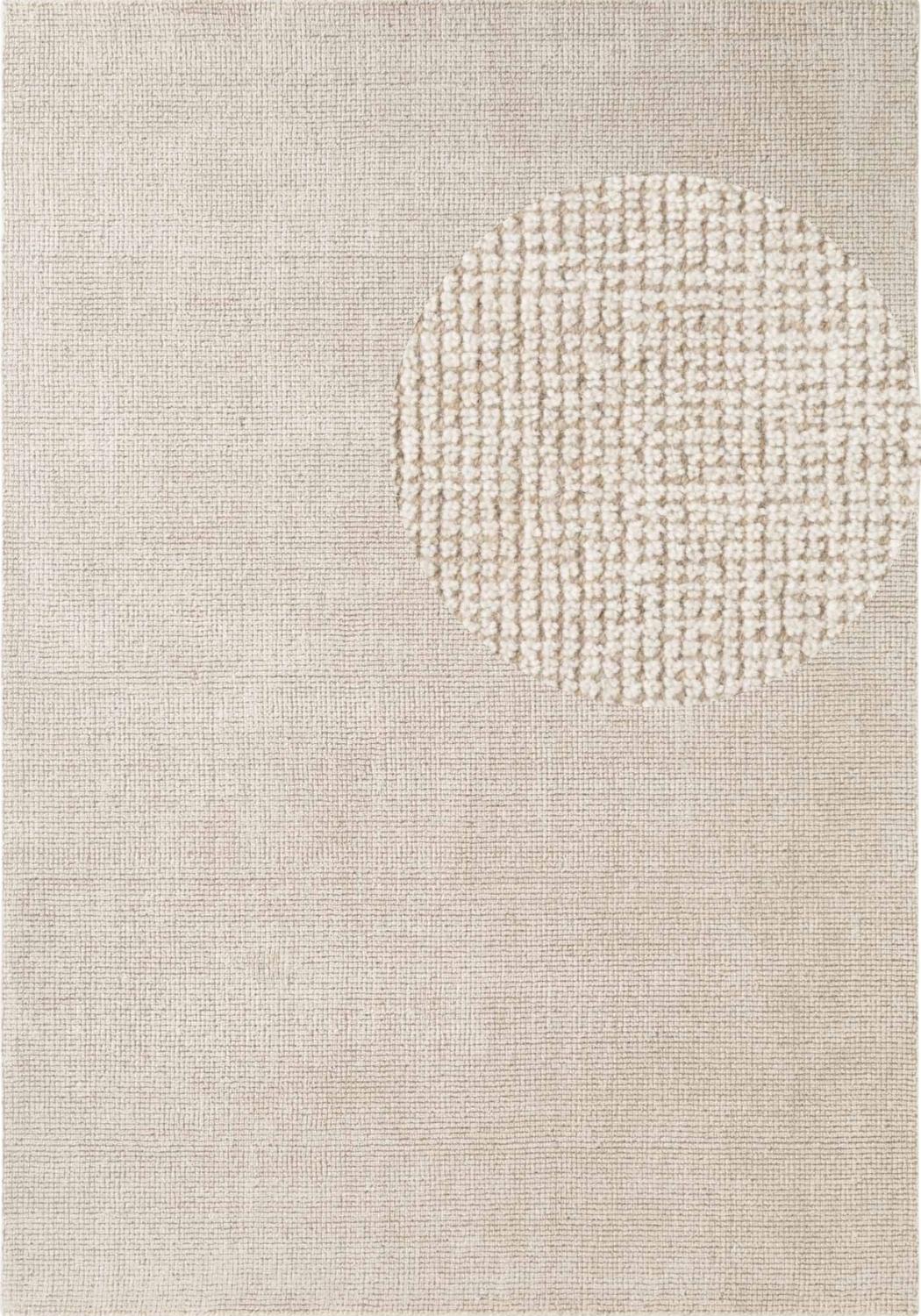 Textured beige rug with a central circular pattern