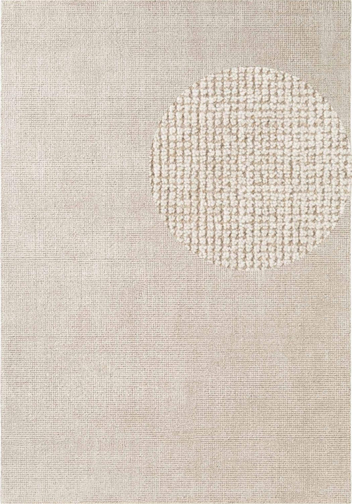 Textured beige rug with a central circular pattern