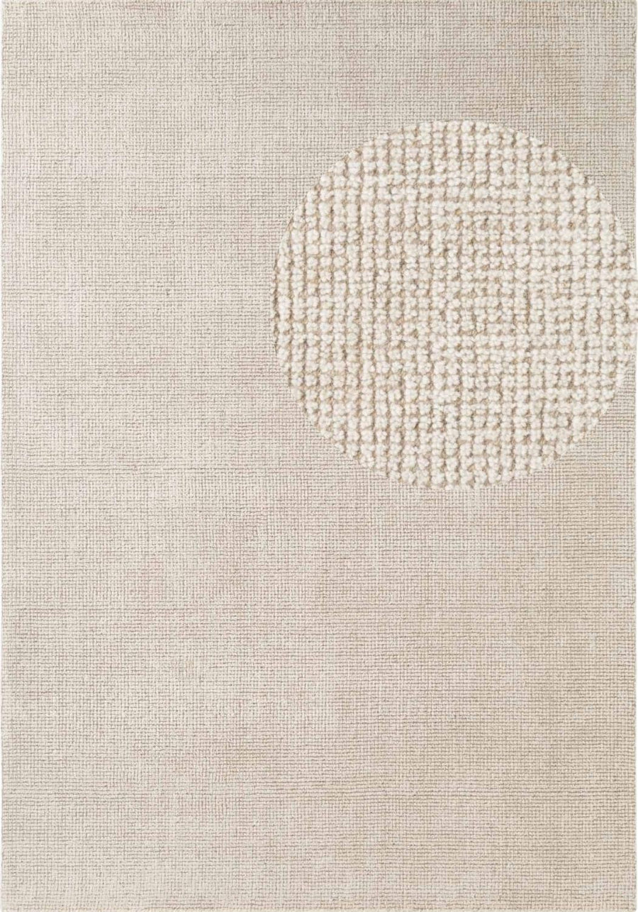 Textured beige rug with a central circular pattern