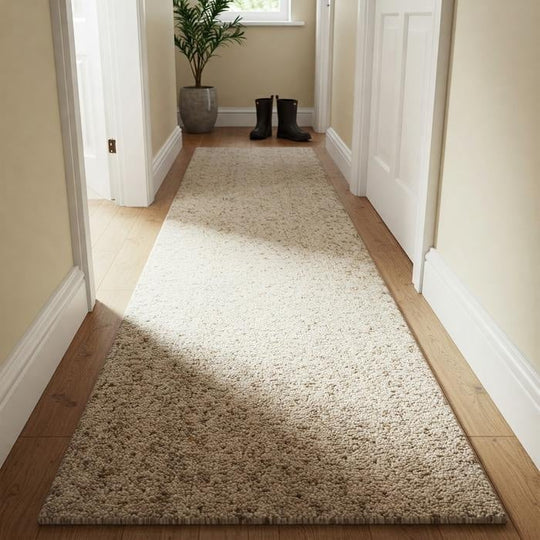 Soft beige hallway rug runner with plant and boots enhancing home decor ambiance.