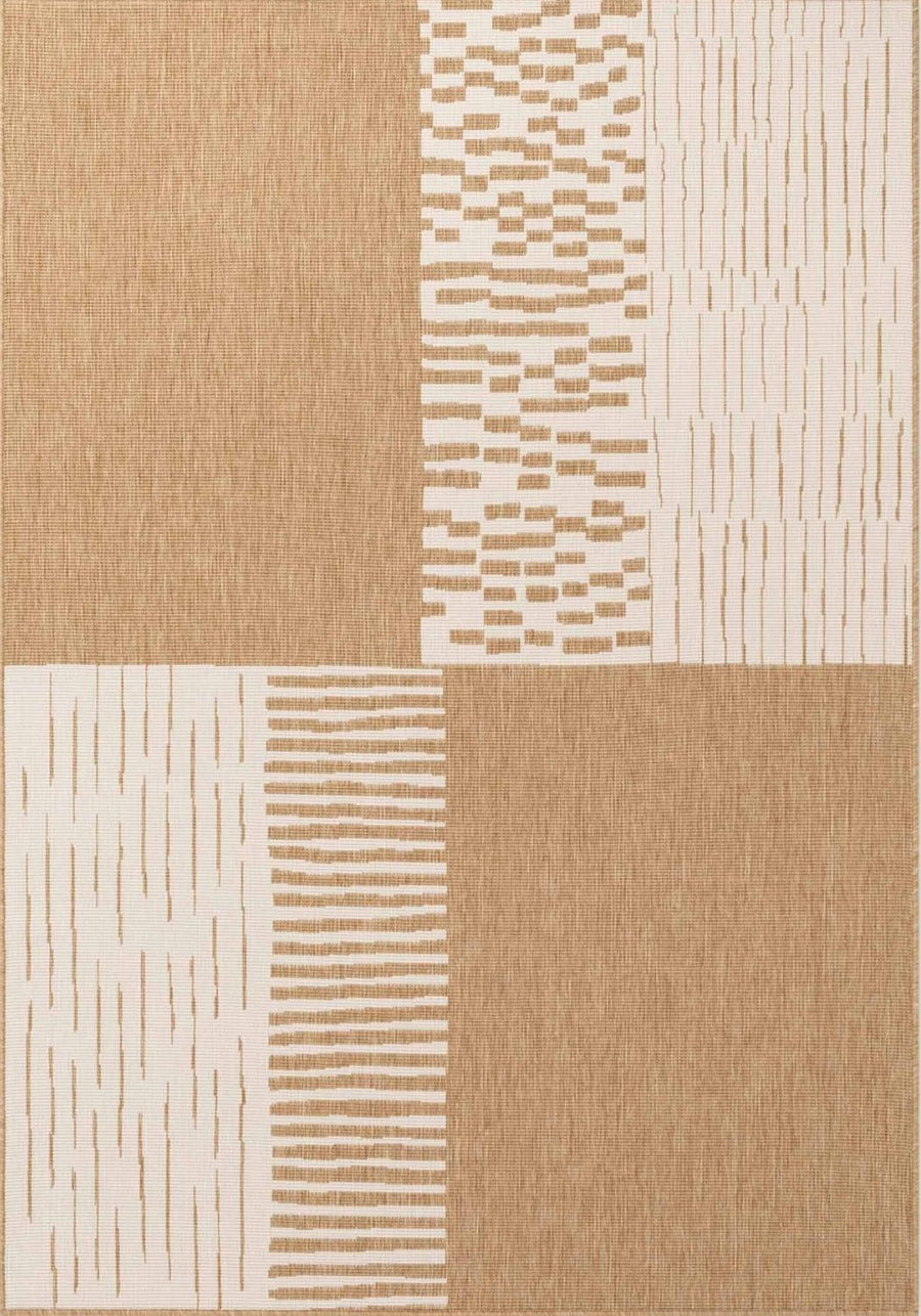 Patterned fabric with a geometric design in beige and white.