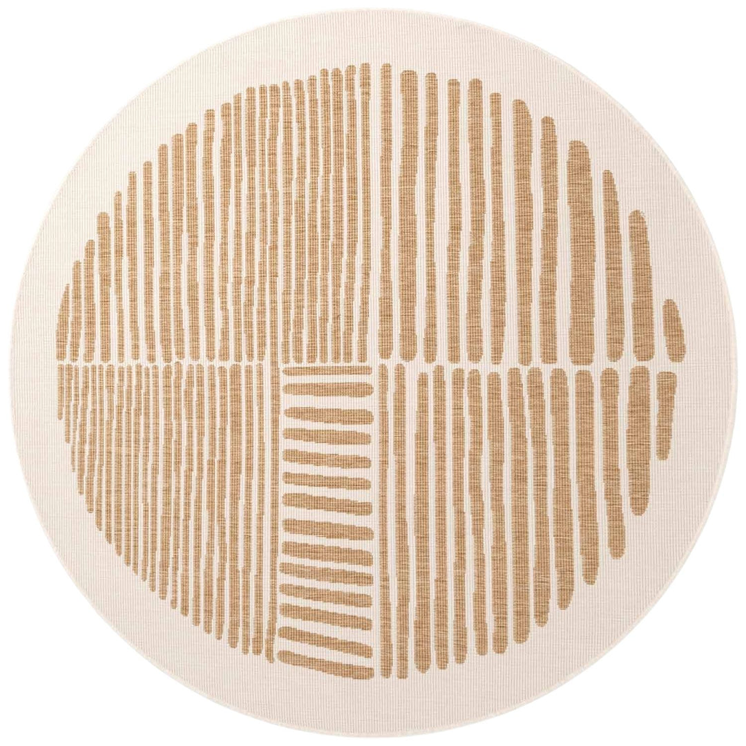 Round beige rug with brown abstract pattern on a white background