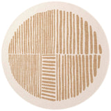 Round beige rug with brown abstract pattern on a white background