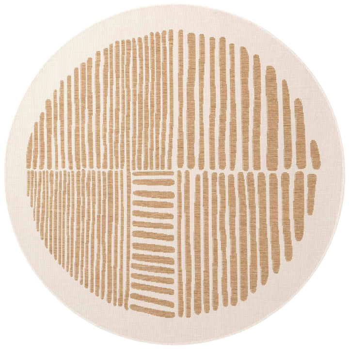 Round beige rug with brown abstract pattern on a white background