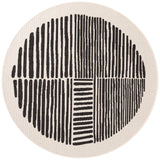 Round rug with black line pattern on a beige background