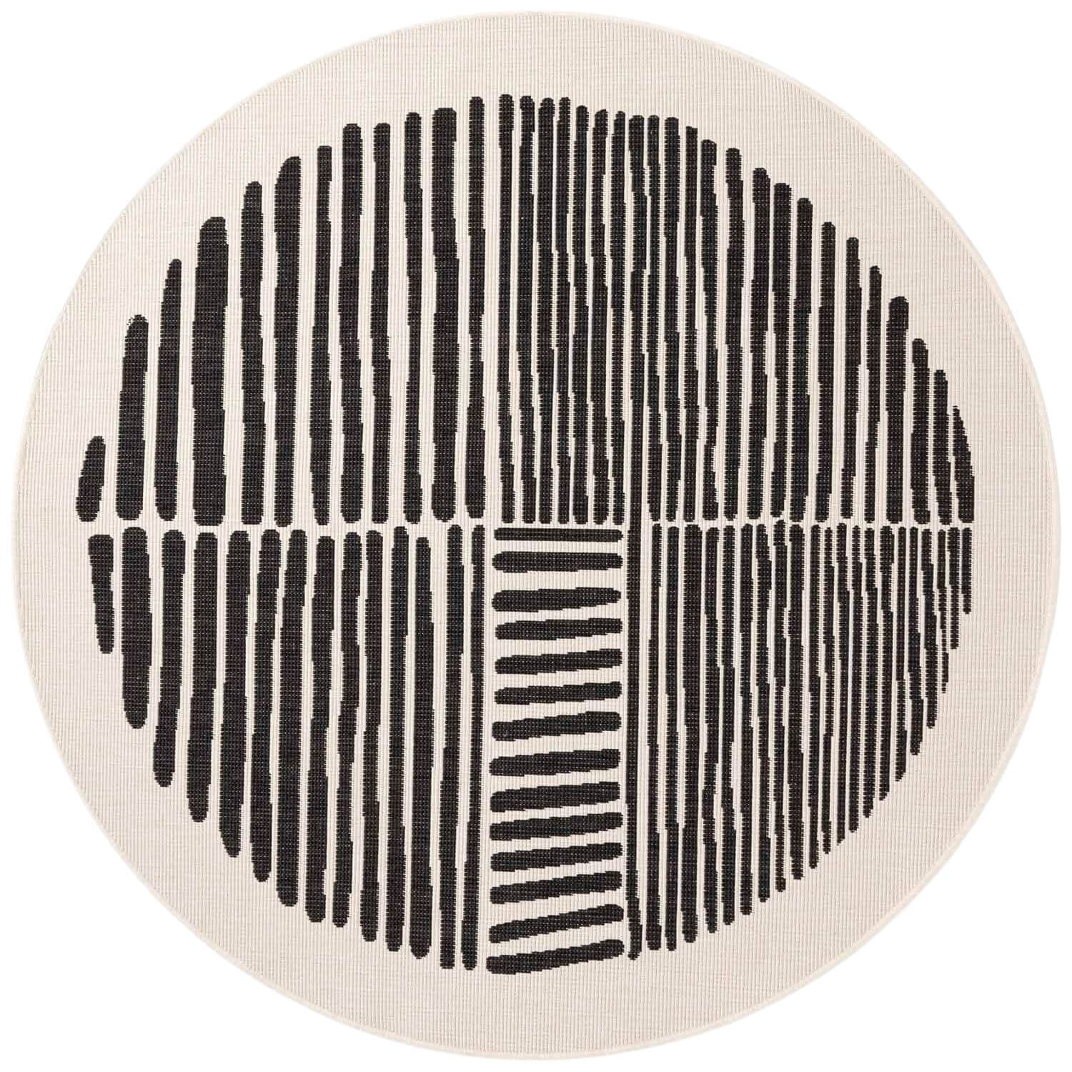 Round rug with black line pattern on a beige background