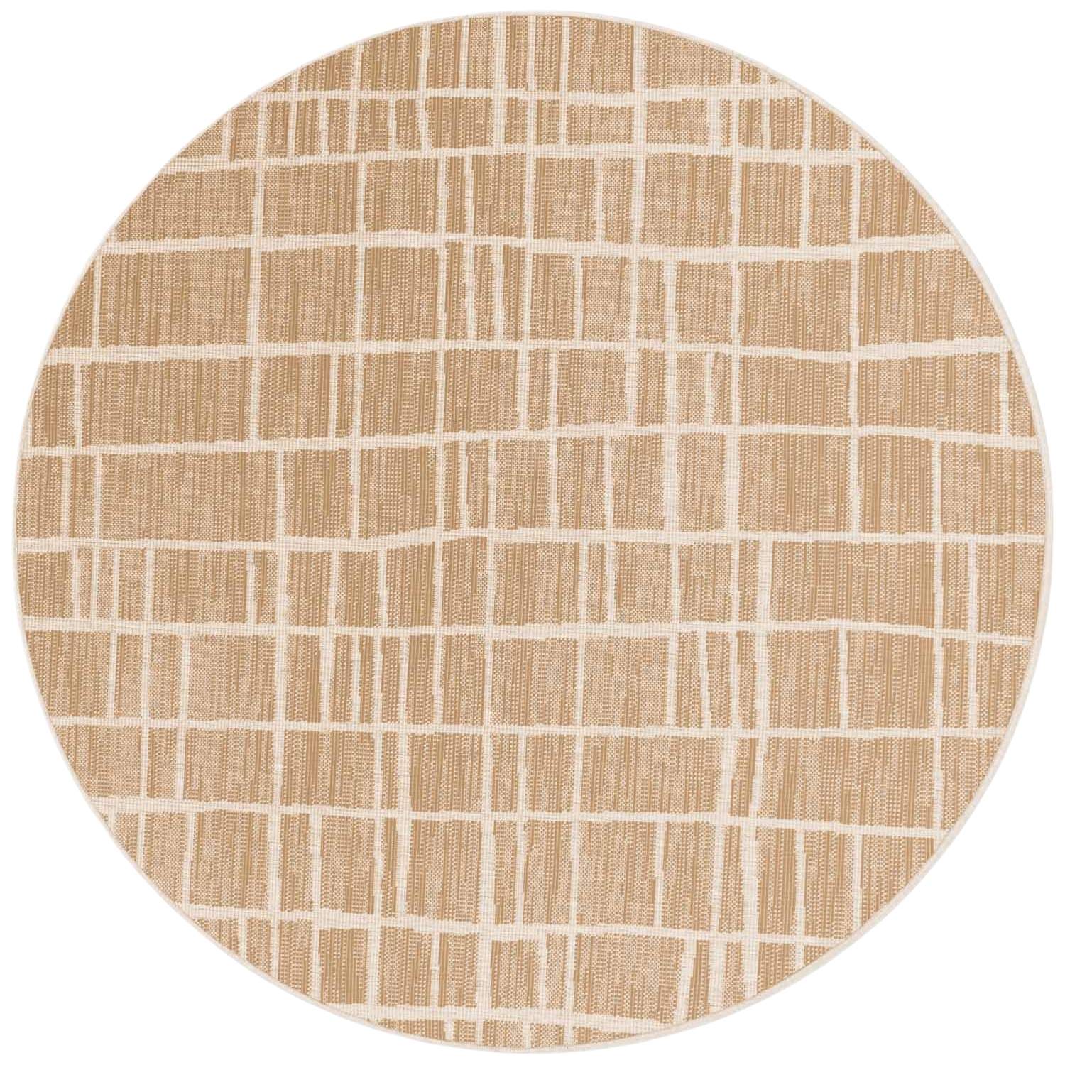 Round beige rug with a subtle checkered pattern on a white background