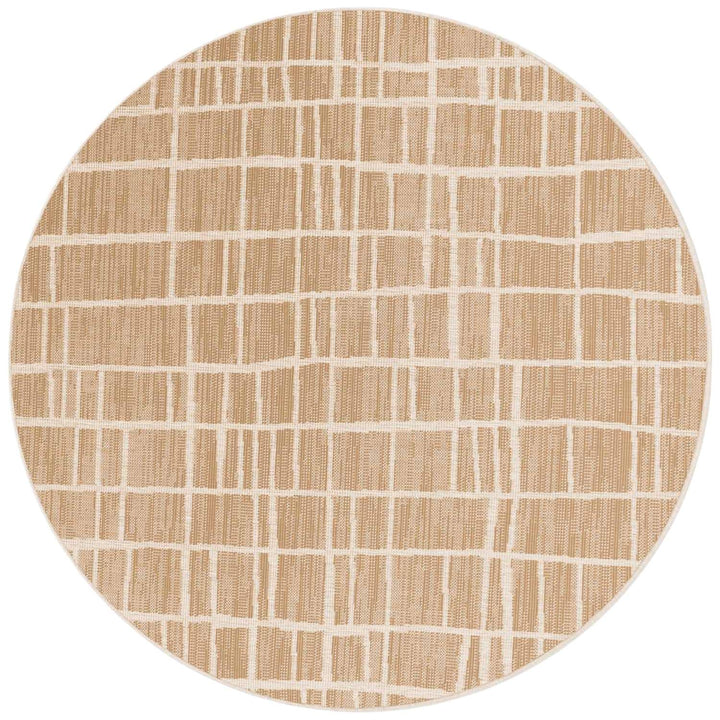 Round beige rug with a subtle checkered pattern on a white background