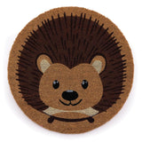 Round doormat with a hedgehog design on a white background