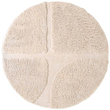 Round beige rug with a textured surface on a white background