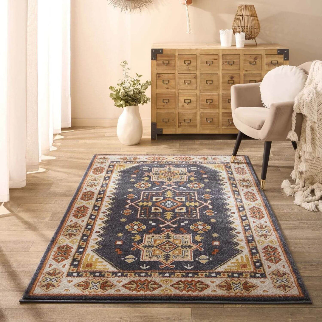 Decorative rug with geometric pattern in a living room setting