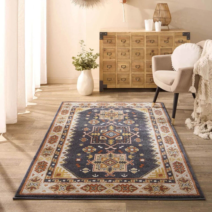 Decorative rug with geometric pattern in a living room setting