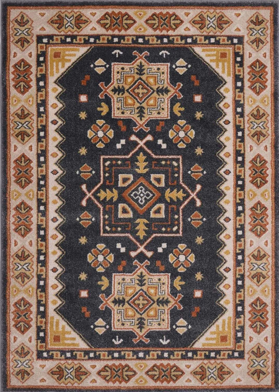 Decorative rug with geometric pattern on a dark background
