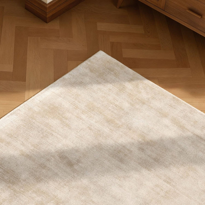 Beige rug on a wooden floor