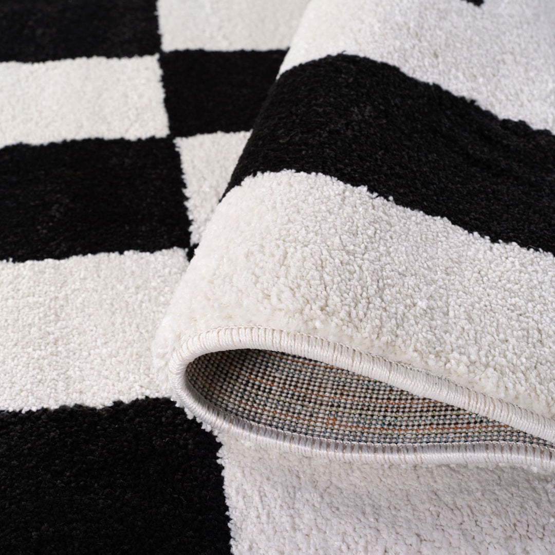 Close-up of a black and white striped rug with textured surface.
