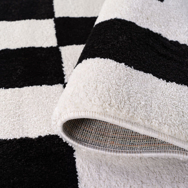 Close-up of a black and white striped rug with textured surface.