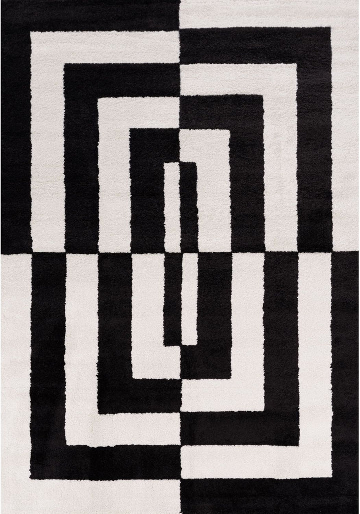 Black and white geometric patterned rug