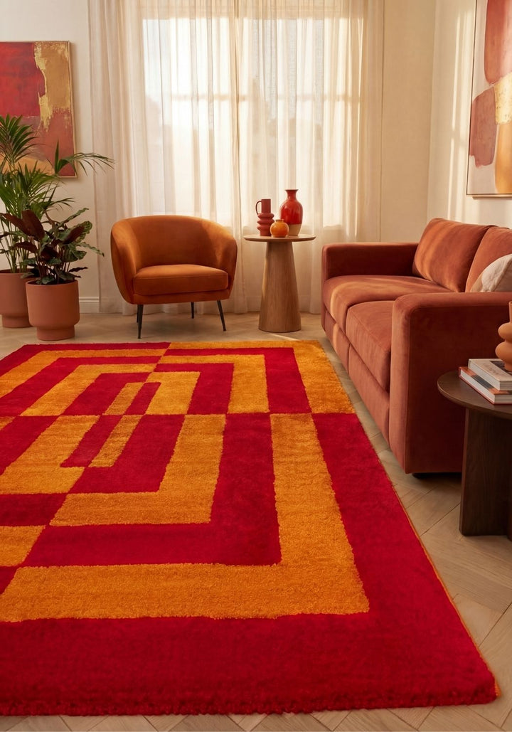 Geometric deign, red and orange colours rug