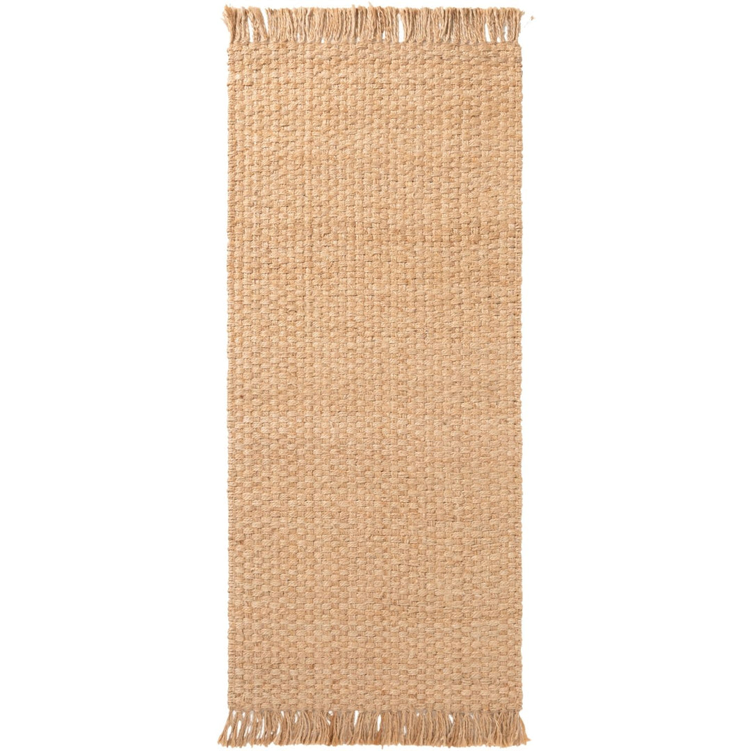 Beige woven rug with fringes on a white background