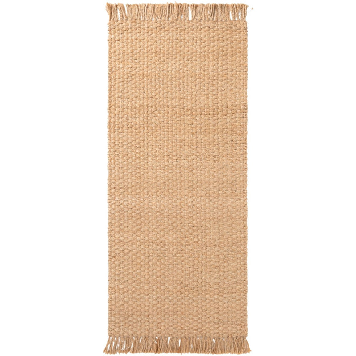 Beige woven rug with fringes on a white background