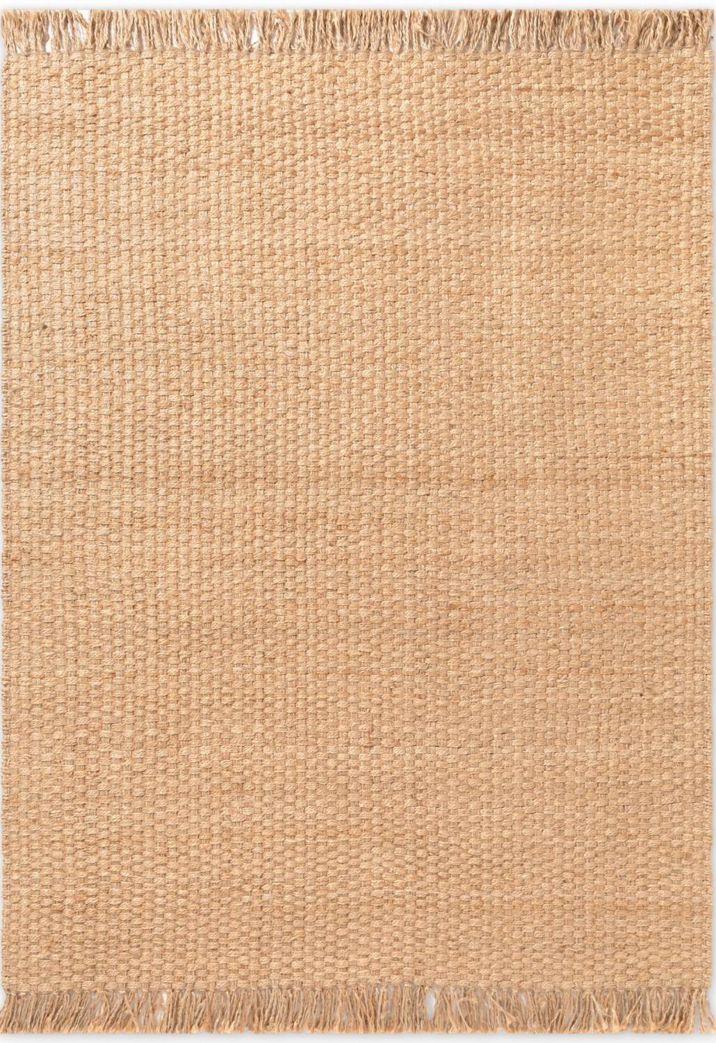 Beige woven rug with a textured pattern and fringed edges