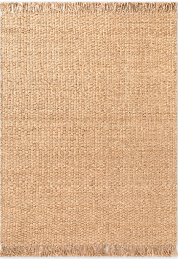 Beige woven rug with a textured pattern and fringed edges